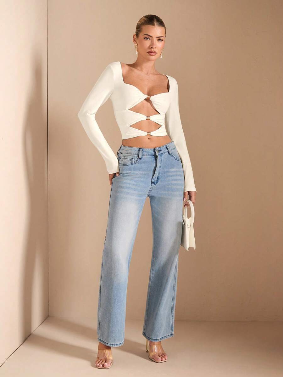 SHEIN BAE 女士性感派对长袖扭纹修身白色 T 恤