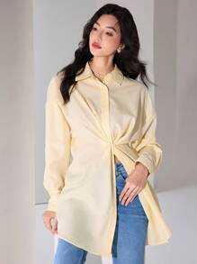 Heiryn 女士纯色前扣长袖简约衬衫，休闲日常穿着 - 黃色 - 查看 1