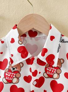 SHEIN Chemise à col et manches courtes et mignonne pour jeune garçon avec imprimé cœur et ours. Fournissant un port confortable pour les garçons pendant la saison estivale - Blanc - Voir 4