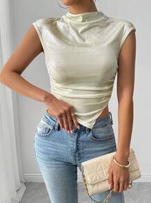 Chiquease Elegant High Neck Reflective Fabric Inverted Triangle Hem Short Sleeve T-Shirt