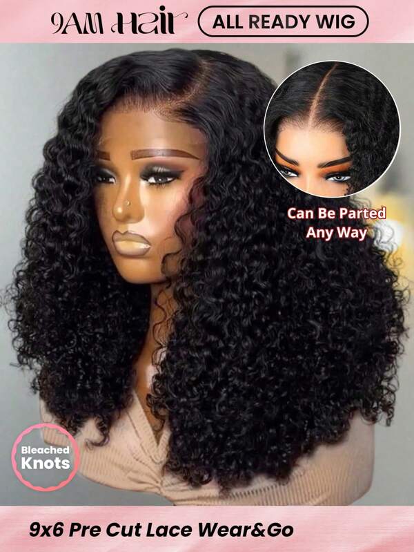 ALL READY WIG Perucă bob creță personalizată, fără lipici, 9x6, 100% păr uman, pre-decolorată, pre-smulsă, pre-tăiată, cu densitate 250%, tip dantelă topită, Wear&Go, 9 AM HAIR