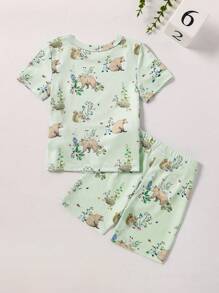 2pcs Baby Boy Casual Brown Bear Print Short Sleeve Top And Shorts Outfit Set Snug Fit Pajama", "Snug Fit" Snug Fit Pajama", "Snug Fit" Snug Fit Clothes Summer Summer Clothes - Green - View 2