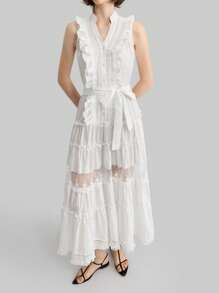 Ontre Elegant Solid Color Ruffle Hem Mesh Insert Dress Vacation Outfits Woman BOHO Embroidered - White - View 6