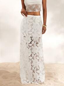 Opulessa Plain Woven Lace Mermaid Skirt For Women - White - View 5