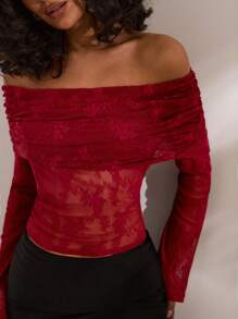 Opulessa Women's Solid Color Knitted Lace Off Shoulder Long Sleeve Top - Burgundy - View 6