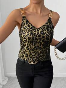 SHEIN Clasi Camiseta sin mangas elegante para mujer, con decoración metálica en estampado de leopardo negro y dorado en tela revestida, cuello en V, casual para primavera/verano