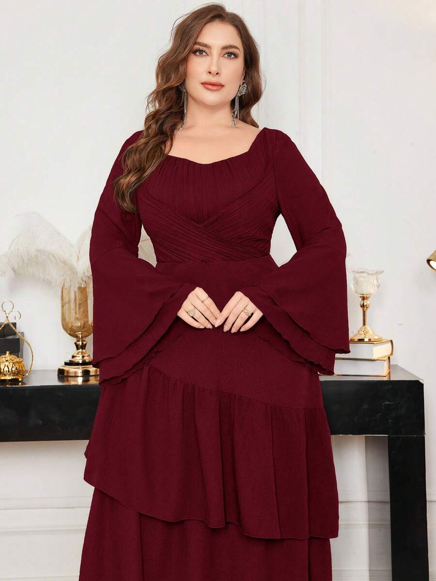 Modelyn 大码女式优雅荷叶边喇叭袖中长连衣裙，春夏 - 紅色 - 查看 1