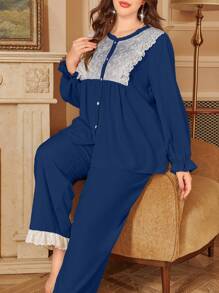 PalaceNights Embroidered Lace Patchwork Open Front Scalloped Collar Long Sleeve Pajama Set, Plus Size - Royal Blue - View 3