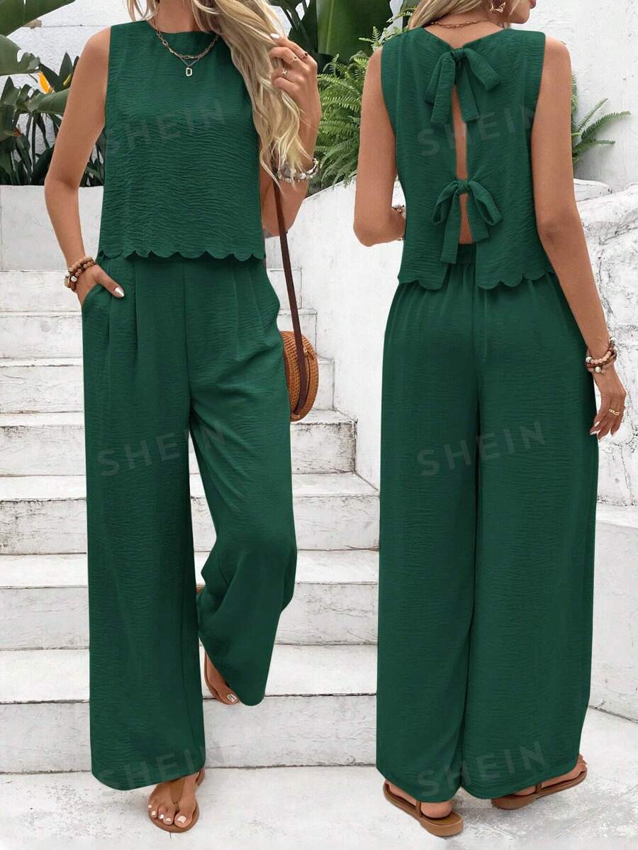 SHEIN Frenchy Set de 2 piezas con top sin mangas liso y pantalones para mujer, uso casual y sencillo para el día a día