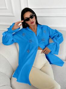 EURMUSE Floral Embroidery Knot Cuff Drop Shoulder Shirt - Blue - View 5