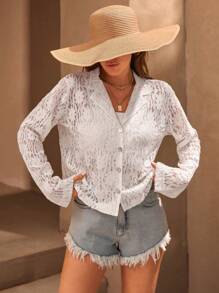 SHEIN Cottnline قميص أبيض بأكمام طويلة، لون أحادي، بسيط وأنيق للارتداء اليومي العادي - أبيض - مشاهدة 3