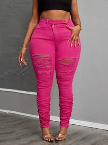 SHEIN SXY Plus Size Women Elastic Dusty Rose Ripped Tight Fit Jeans Women Summer Outfits  Pink Jeans - Hot Pink - View 4