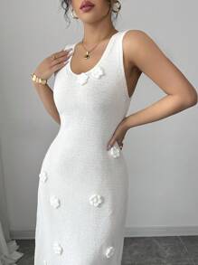 Chiquease Women's Spring/Summer V-Neck Sleeveless 3D Floral Sexy Versatile Fashion Knit Dress - Apricot - View 6