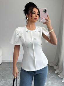 Elenzga Standard Size Women Solid Color Round Neck Rhinestone Decor Fitted Short Sleeve Blouse - White - View 5