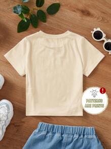 SHEIN Young Girl Casual Minimalist Short Sleeve Round Neck T-Shirt, Suitable For Summer - Khaki - View 3