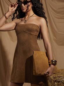 COSMINA Váy mini da lộn ống màu rám nắng cho nữ, thanh lịch cho mùa xuân/hè - màu nâu - Xem 3