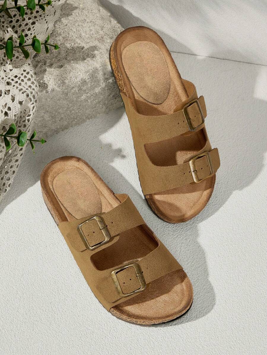 Solecia 女士金属装饰简约平底凉鞋，日常休闲穿着 - 駝色 - 查看 1