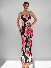 Aloruh 浪漫约会春夏细肩带修身褶皱黑色和粉色花卉印花女式连衣裙 - 彩色 - 查看 4