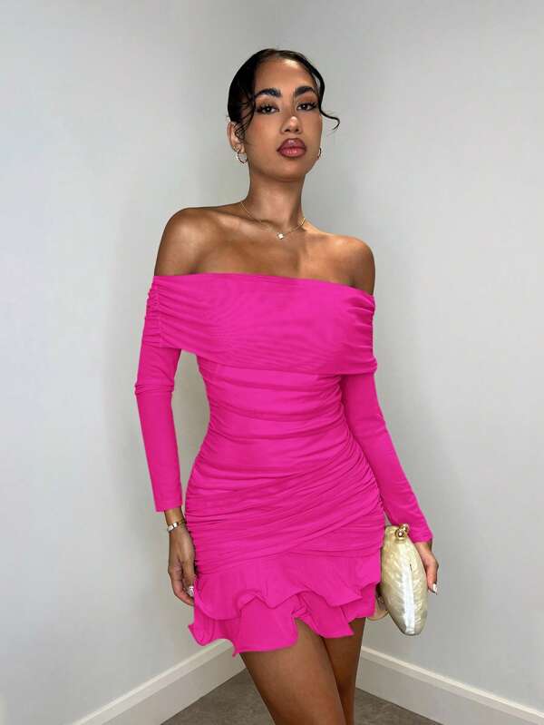 SHEIN BAE Apricot Solid Color Mesh Knit Off Shoulder Ruched Sexy Open Shoulder Long Sleeve Exaggerated Ruffle Hem Elegant Sweet Mini Dress, Suitable For Afternoon Tea Gathering, Fashionable Outings, Dates, Sweet Outings, Outings At Night, Christmas Party Dress, New Year's Eve Dress, Holiday Women's Outfits, Long Sleeve Dress, Sexy Women's Outfits, Club Women's Outfits, Long Sleeve Mini Dress Pink