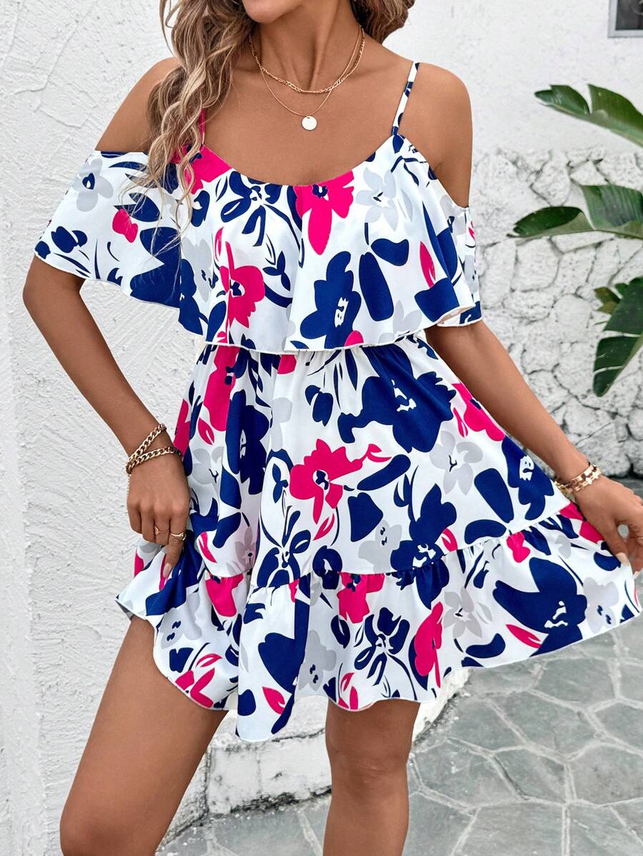 SHEIN Clasi Women's Elegant Open Shoulder Ruffle A-Line Colorful Printed Summer Mini Dress, Holiday Dress,Sun Dress