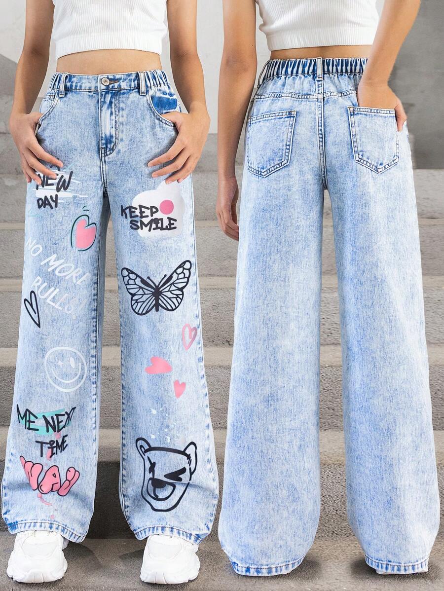 SHEIN Tween Girls Y2K Style Jeans With Butterfly, Letter, Heart Graffiti Print, Casual & Fashionable Loose Straight Leg, Daily Wear Denim Pants - Light Wash - View 1