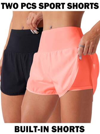 CourtClass 2pcs Solid Color High Waist 2 In 1 Sports Shorts Comfy Short Sweater Shorts