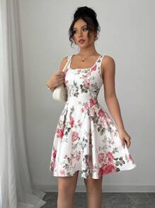 Rafferiza 女士休闲假日方领无袖连衣裙，配有隐形后拉链，花卉印花