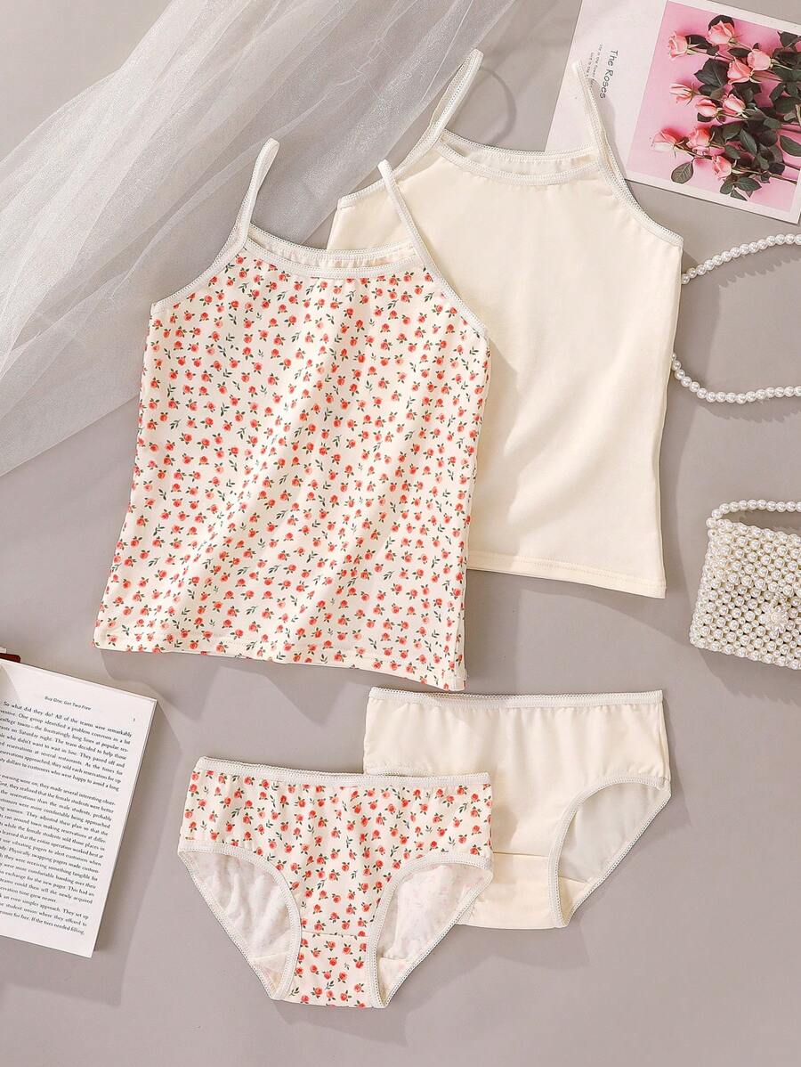 Girls' Cute & Comfortable Soft Camisole & Panty Underwear Set, With Crescent, Bow, Ditsy Floral Prints, Fashion Design, Multiple Colors Young Girls Underwear Youth Girl Clothes Youth Girls Clothes