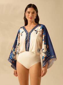 CAJUNI Women's Boho Tropical Plant Print Deep V-Neck Backless Loose Long Sleeve Bodysuit, Casual Holiday Summer Beach Wear - Multicolor - View 5