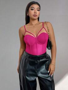 Firerie Plus Size Adjustable Brassiere & Fish Bone Design Leotard, Elegant Work & Commute, Knowledgeable High-End Site, Sophisticated Afternoon Tea, Slightly Sexy For Date, Concert, Party, INS Style - Hot Pink - View 5