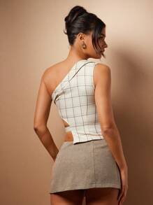 Hauture Blusa asimétrica con botones y cuello a cuadros, sexy para la oficina - Caqui - Ver 4