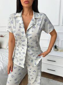 RueChic Women 2pcs Contrast Colour Floral Pattern Detail Homewear PJ Set - White - View 4