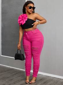 SHEIN SXY Plus Size Women Elastic Dusty Rose Ripped Tight Fit Jeans Women Summer Outfits  Pink Jeans - Hot Pink - View 7