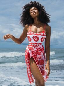 SHEIN Swim Maillot de bain une pièce pour femme à l'impression rétro positionnée régulièrement pour l'été - Multicolore - Voir 2