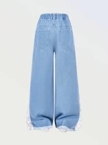 Tween Girls Fashionable And Versatile Lace-Up Soft Denim Jeans Pants, Lightweight Summer Pants For Casual Vacation Wear - Medium Wash - View 2