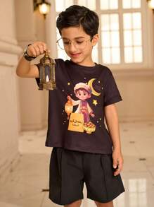 2pcs/Set Young Boy Ramadan Monochrome Retro Print Graphic T-Shirt - Black and White - View 7