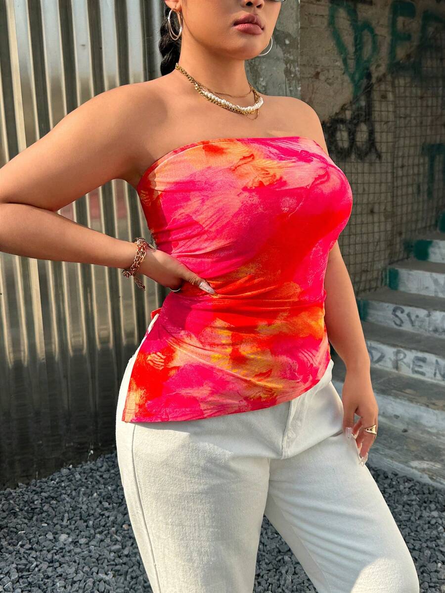 CovetEZ 大码女式扎染印花荷叶边短款上衣，浪漫春夏