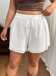 SHEIN EZwear Plus Size White Lace Trim Shorts, Spring/Summer - White - View 3