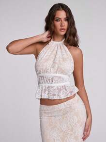 SHEIN BAE White Floral Mesh Lace Ruffle Hem Halter Neck Top, Elegant Beach, Party, Wedding Guest For Women, Spring/Summer - White - View 3