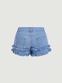 SHEIN MOD Quần short denim nữ mùa hè kiểu dáng thường ngày, có bèo nhún. - Màu xanh lam - Xem 2