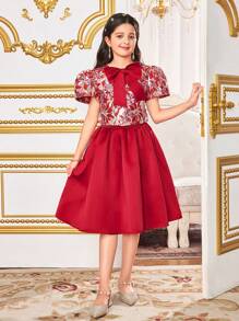 SHEIN 适合青春期女孩的两件套：优雅蝴蝶提花衬衫，荷叶边袖子和迷你裙 - 紅色 - 查看 5