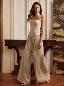 Anewsta Women's Knitted Patchwork Sleeveless Top And Wide-Leg Pants Set, Elegant Design, Suitable For Spring And Summer - Khaki - View 3