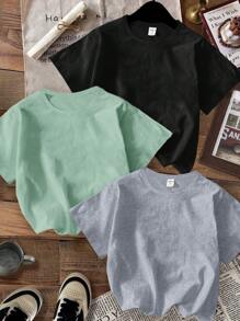 SHEIN Leap Crew Tricou cu mânecă scurtă pentru băiat, simplu, simplu, cu gât rotund, potrivit pentru vară