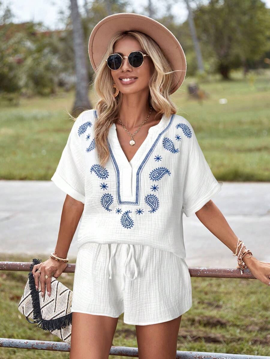 SHEIN LUNE Women's Paisley Embroidered Drop Shoulder Bohemian Textured V-Neck Shirt With Drawstring Waist Shorts 2 Pieces Set