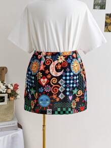 Soleia Plus Size Women Summer Satin Printed Front Slit Straight Fit Bodycon Skirt With Colorful Whimsical Sun Print, Vacation Style Christmas Clothes