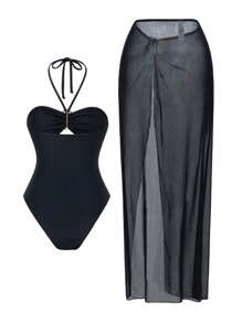 Swim Chiccia 2 pezzi Completo da spiaggia estivo per donna, costume da bagno monopezzi con decorazione in metallo e cinturino rimovibile, e abito lungo con spacco laterale in rete