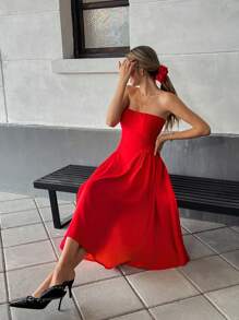 Pariaura Damen einfaches geraffte rotes Bandeau-Kleid, legale Alltagskleidung für den Sommer - Rot - Übersicht 6