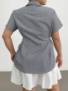 POPSWAY Women Plus Size Striped Short Sleeve Cinched Waist Loose Casual Shirt