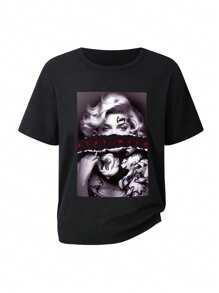 SHEIN Explorewe Teen Girls' Fashionable Street Casual Portrait Graphic Short Sleeve T-Shirt - Black - View 1