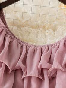 DreamSkyne 大码女式夏季优雅度假纯色荷叶边露肩收腰 A 字中长连衣裙 - 粉色 - 查看 4